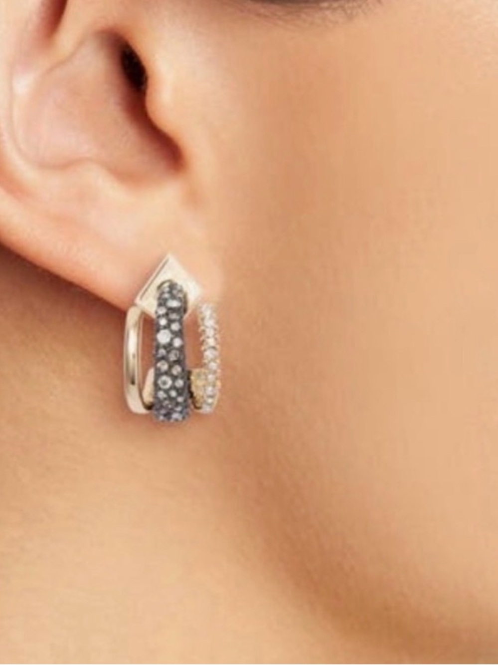 NEW Alexis Bittar Earrings Floating Orbit Stacked Hoop Gunmetal Gold Clear JN10